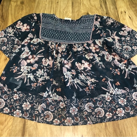 Knox Rose Womens Size Large Peasant Bohemian Floral Top Front Tie Blue Green - Picture 7 of 10